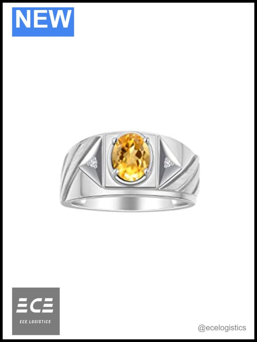 Men's Sterling Silver Designer Ring 8x6MM Oval Citrine Diamond Accents